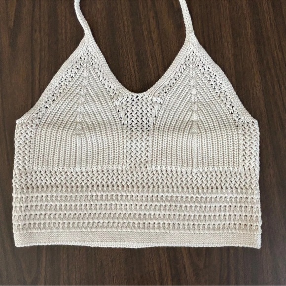 Aerie Crochet Halter Tank Top Babydoll S Crop Boho Festival Cotton Open Knit - Picture 2 of 8